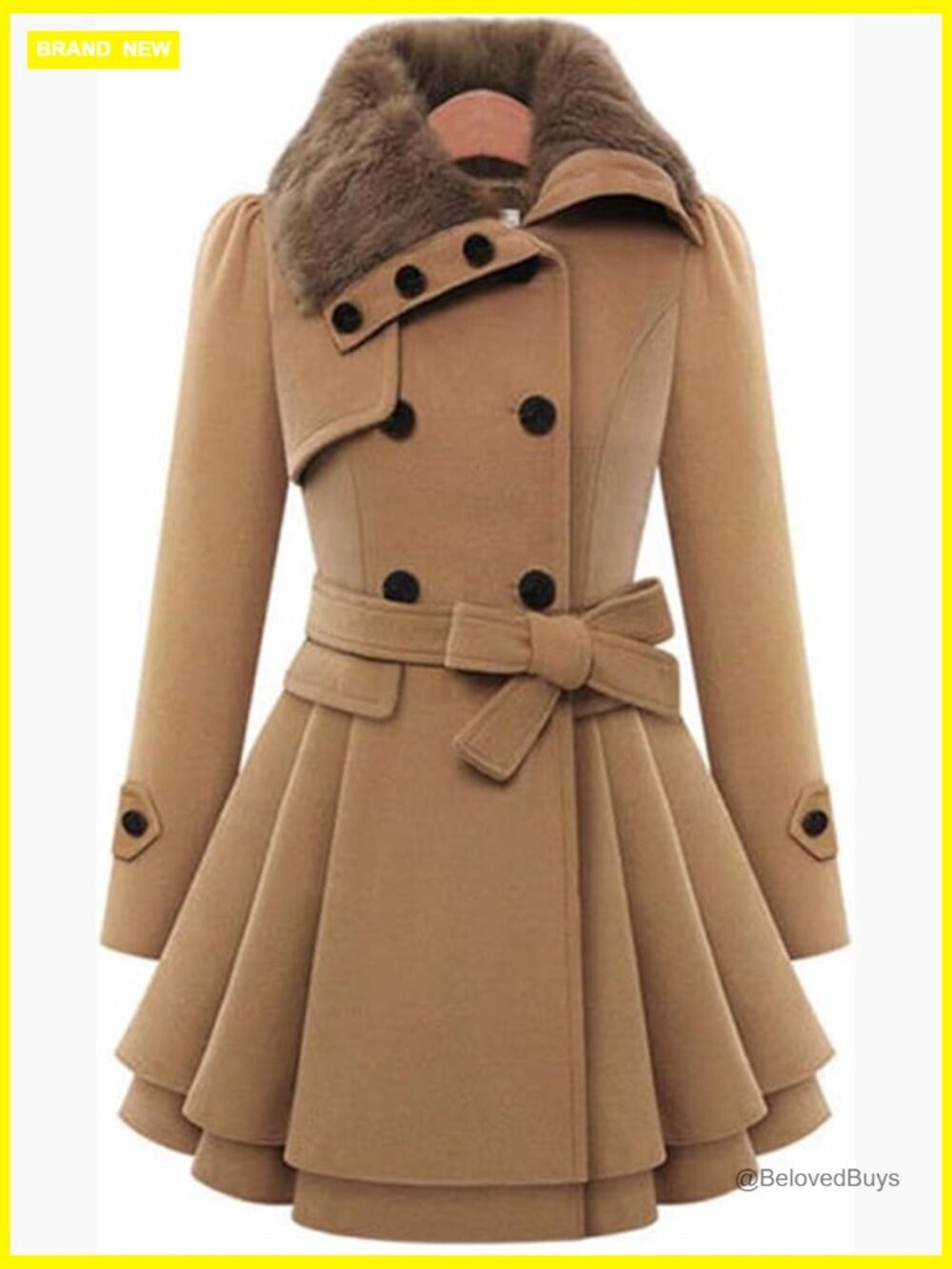 Double Breasted Faux Fur Collar Trench Coat Flared Hem Belted Winter Warm